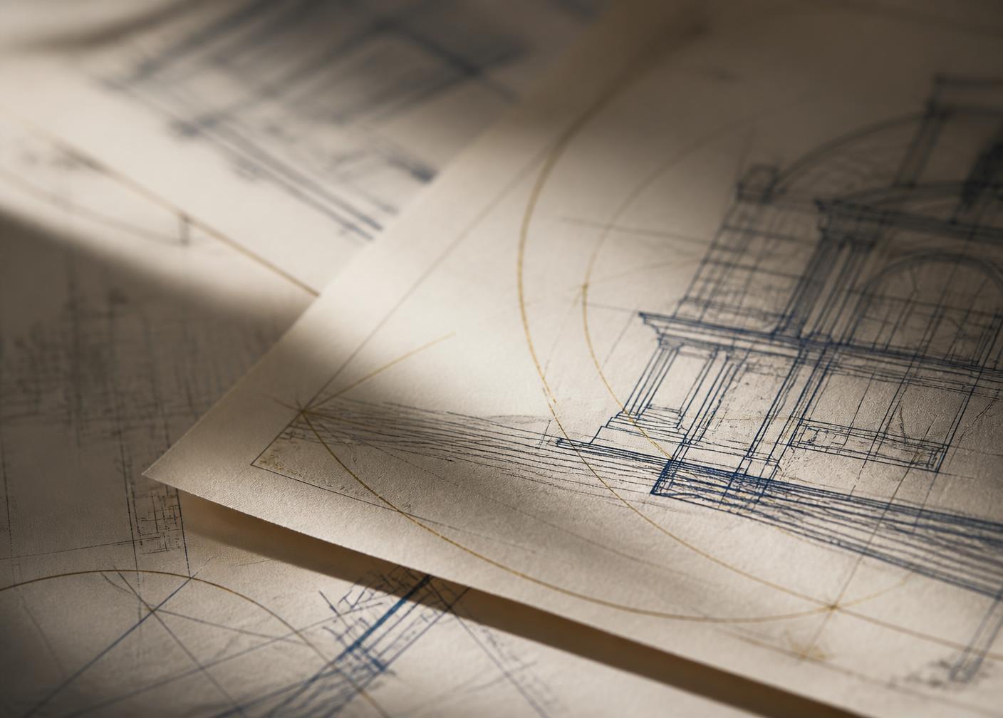 Layered architectural drawings on ivory paper with fine navy linework and gold compass arcs
