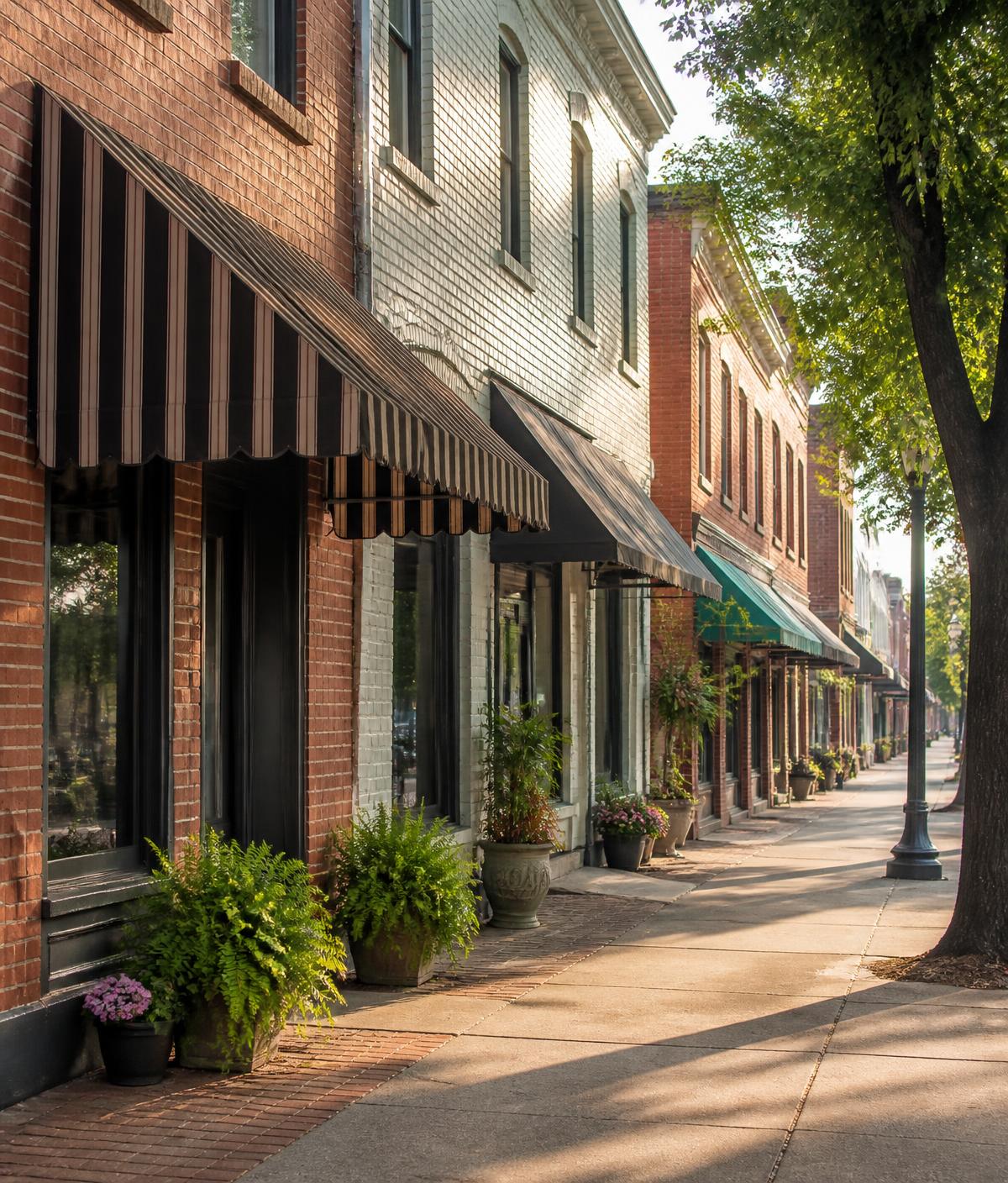 Row of locally owned brick storefronts with striped awnings and planters on a quiet Georgia street