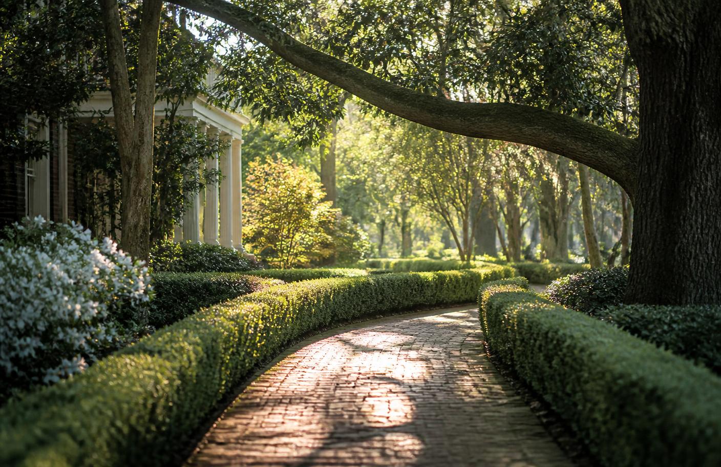 Curving brick pathway lined with clipped boxwood hedges under a sunlit oak canopy